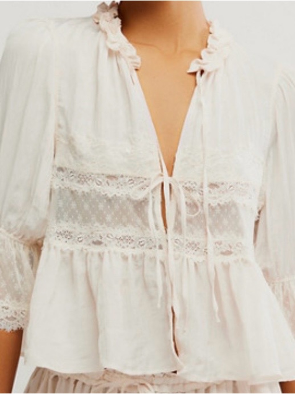 Free People Lace-Trim bed jacket tie Blouse